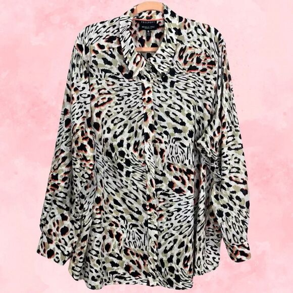 Foxcroft Blouse Womens Plus 24W Animal Print Roll Tap Sleeve Button Basic Shirt - Picture 1 of 14